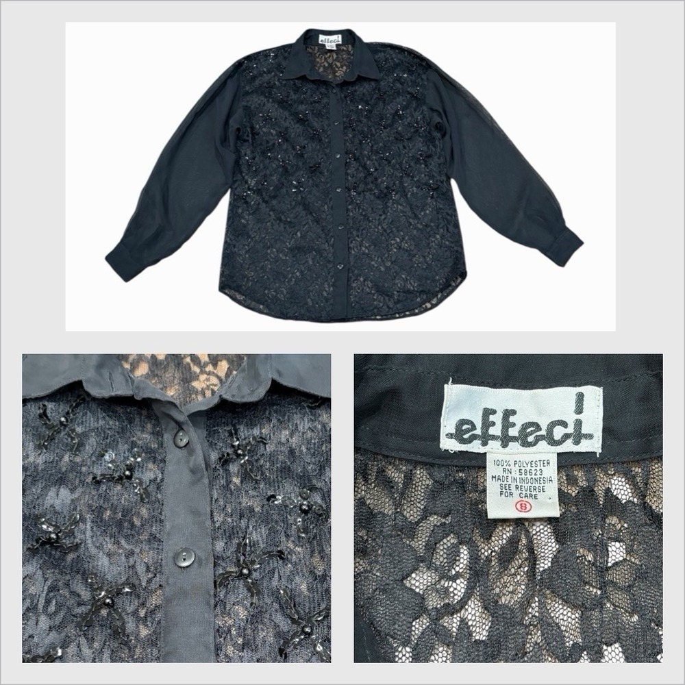 Vintage Black Sheer Floral Lace‎ Beaded Blouse Whimsigoth Witchy Black Small